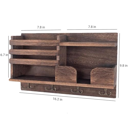 Key Holder Wall Mount, Wooden Organizer Wall Mount with 4 Double Hooks and Wallet Holder, Sunglasses and Mail Storage Rack for Entryway or Mudroom - Brown