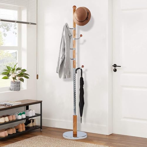 Wooden Coat Rack Freestanding, Solid Wood Metal Hook | Vintage Coat Racks with Sturdy Round Base, Adjustable Height 37.40"-72.83" Entrance Coat Rack for Bedroom Living Room - color: Solid Wood Metal Hook