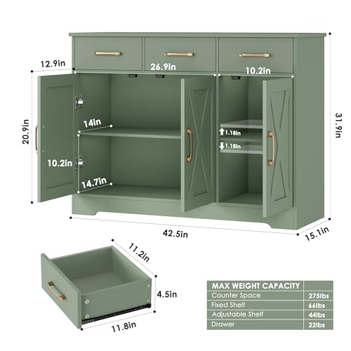 HOSTACK Kitchen Buffet Cabinet with Storage, Sideboard Coffee Bar, Green | Farmhouse Kitchen Storage Cabinet with 3 Drawers & Adjustable Shelf, 42.5"W Buffet Table for Dining Living Room - color: Green