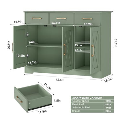 HOSTACK Kitchen Buffet Cabinet with Storage, Sideboard Coffee Bar, Green | Farmhouse Kitchen Storage Cabinet with 3 Drawers & Adjustable Shelf, 42.5"W Buffet Table for Dining Living Room - color: Green