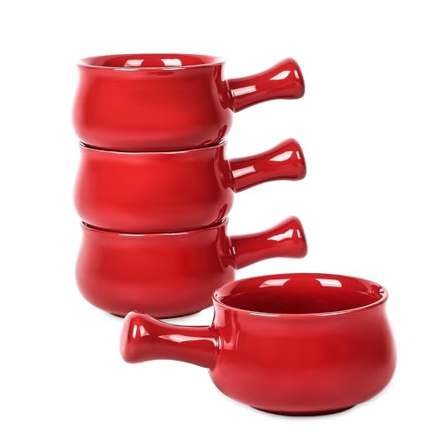 vicrays French Onion Soup Bowls With Handles, 26 Ounce for Soup, Chili, Beef Stew, Chip Resistant, Dishwasher Microwave Safe, Set of 4 (Red) - color: Red
