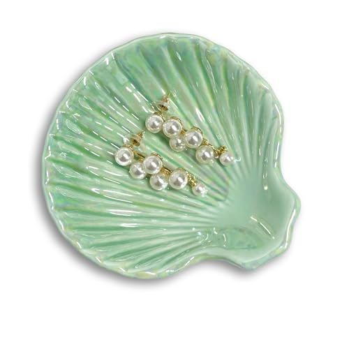 Ceramic Shell Ring Holder Dish, Small Shell Trinket Dish, Beachy Jewelry Plate for Earrings Necklace Valentine's Mother's Day Christmas Birthday Gifts for Women, 3.9", Ice Green Iridescent Surface - color: Ice Green