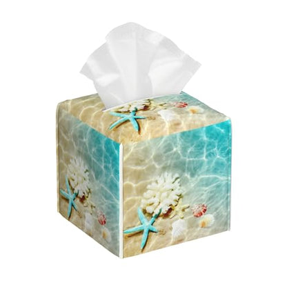 Summer Beach Leather Tissue Box Holder Starfish and Seashell Tissue Box Cover Facial Paper Case Organizer Cube Napkin Dispenser for Bathroom Vanity Countertop Night Stand Office Car - color: Starfish and Seashell