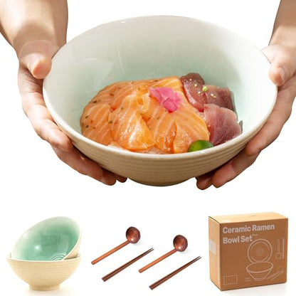 8 Inch Ceramic Ramen Bowl Set of 2, 40oz Japanese Bowls with Spoons & Chopsticks,Durable,Microwave & Dishwasher Safe,Perfect for Ramen,Pho,Salad,Soup,Noodles，Mixing bowls（Cyan Sea） - color: Cyan Sea