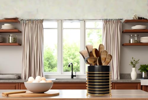 Dining Utensil Holder Cooking Utensil Holder,Gold Ring Metal Frame and Black Ceramics - color: Black Gold, size: XL
