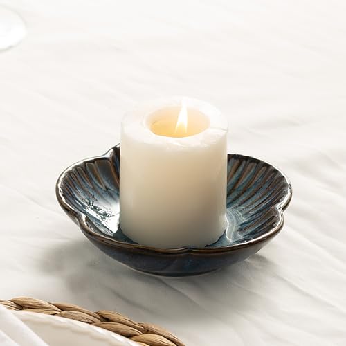 BEUNAIZER Ceramic Pillar Candle Holder Plate, Decorative Candlestick Holder | Fits tea lights, incense and palo santo for dining tables, parties, weddings, birthdays and anniversary decorations. - color: Blue
