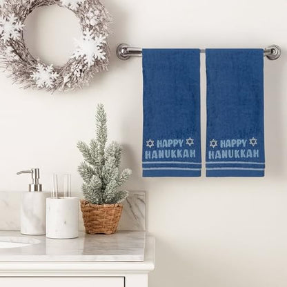 Hanukkah Bathroom Hand Towels – Set of 2 Blue 100% Cotton Embroidered “Happy Hanukkah” with Star of David Design – 25 x 16” Decorative Bath & Kitchen Towels - color: Hannukah