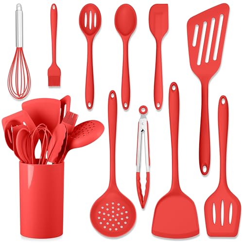 HaWare 11 PCS Silicone Cooking Utensils Set, Heat Resistant Kitchen Utensils with Holder, Food-grade Spatula Sets for Nonstick Cookware, Kitchen Tools Gadgets Include Fish Turner, Spoon (Red) - color: Red