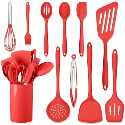 HaWare 11 PCS Silicone Cooking Utensils Set, Heat Resistant Kitchen Utensils with Holder, Food-grade Spatula Sets for Nonstick Cookware, Kitchen Tools Gadgets Include Fish Turner, Spoon (Red) - color: Red