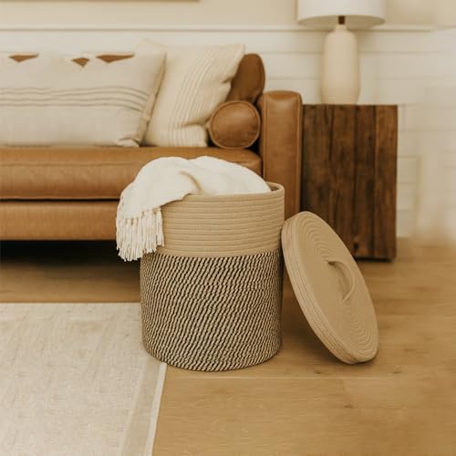 Yimi's Dream Cotton Rope Storage Basket with Lid, Brown & Black Soft Bin | Round Woven Lidded Basket for Blankets, Toys, Laundry, Nursery, Living Room, and Home Organization(11.5''D * 13.5''H) - color: 1 PACK-Brown&Black-LIDDED