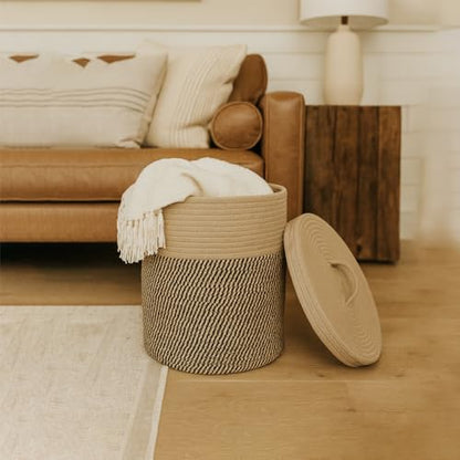 Yimi's Dream Cotton Rope Storage Basket with Lid, Brown & Black Soft Bin | Round Woven Lidded Basket for Blankets, Toys, Laundry, Nursery, Living Room, and Home Organization(11.5''D * 13.5''H) - color: 1 PACK-Brown&Black-LIDDED