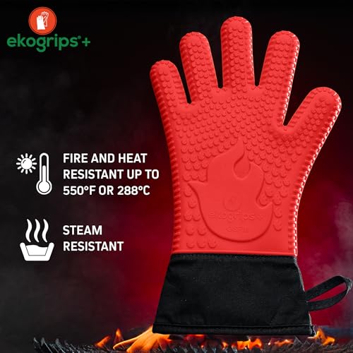Ekogrips Plus Oven Gloves with Fingers, Comfy Waterproof Silicone Oven Mitts Heat Resistant with Long Cuff, Insulated BBQ Gloves Perfect for Grilling, Baking, Smoker, Canning, Pizza, Red, Hot Mitts - color: Red, size: OSFM