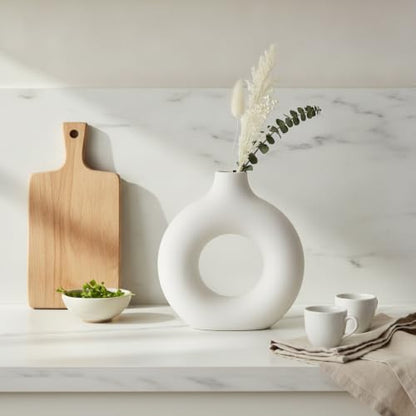 Modern Torus Ring Vase, Geometric Donut Shape Flower Holder for Home and Office Decor, White Plastic Sculptural Accent