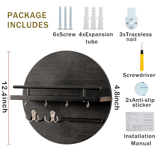 dreampossible Key Holder for Wall Decorative with Shelf and Hooks, Mail Organizer Wall Mount, Circular Design Entryway Key Rack Hanger, Rustic Home Decor (Black)