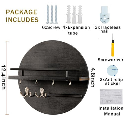 dreampossible Key Holder for Wall Decorative with Shelf and Hooks, Mail Organizer Wall Mount, Circular Design Entryway Key Rack Hanger, Rustic Home Decor (Black)