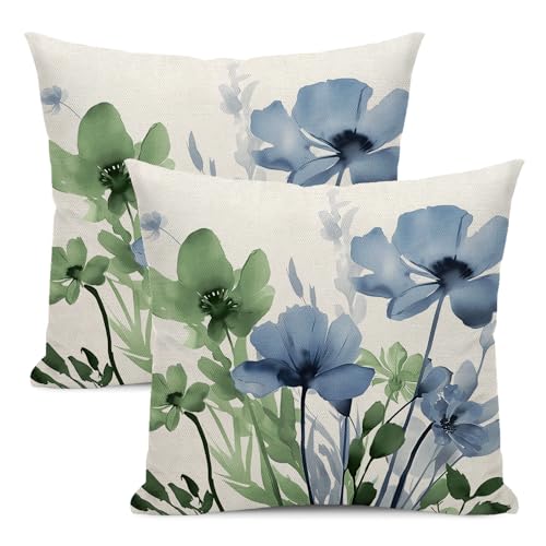 Spring Floral Pillow Covers 18x18 Inches Set of 2 Green Blue Floral Throw Pillow Covers Outdoor Rustic Summer Flower Decoration Pillowcase Farmhouse Decorative Cushion Cover For Home Couch Sofa - color: Blue Green-floral 2, size: 18" x 18" (Pack of 2)