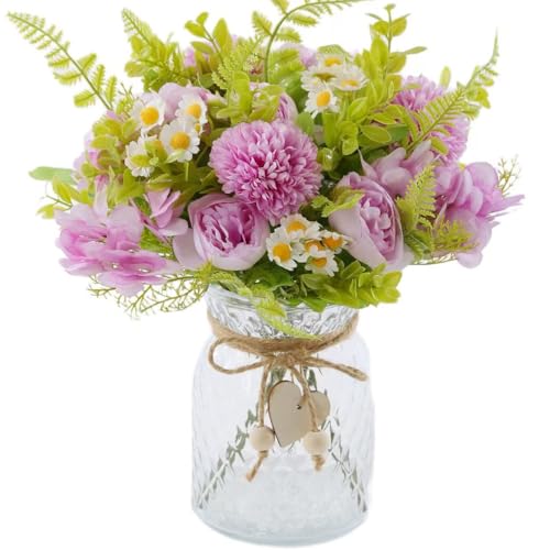 Kimura's Cabin Artificial Flowers with Vase Purple Fake Peony in Glass Vase | faux flowers in vase,Home Table Centerpiece,Office Arrangement, Living Room floral,Farmhouse Bathroom Plant Decor - color: Purple