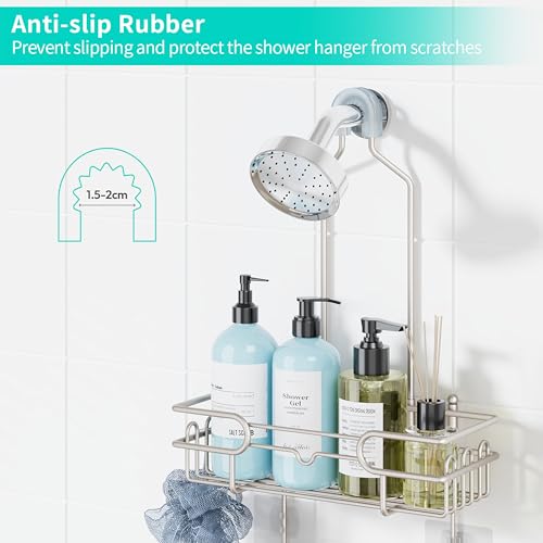 HapiRm Hanging Shower Caddy Organizer - Bathroom Organizer with 12 Hooks and Soap Holder, Rustproof Shower Shelf over Shower Head - Brushed Nickel - color: Brushed Nickel