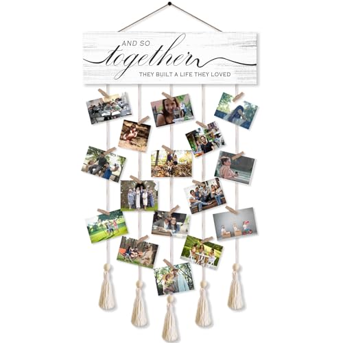 Family Picture Frames Collage Wall Decor,Clip Photo Holders for Wall,Wooden Hanging Photo Display with 16 Clips 5 Strings,And So Together They Built A Life They Loved Sign Wall Decor - color: and So Together