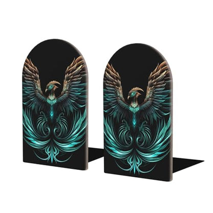 Book Ends for Shelves Fantasy Phoenix Non Skid Wooden Bookends Heavy Duty Decorative Book Stoper for Home Office Library