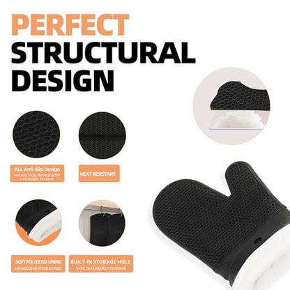 YUTAT Silicone Oven Mitts,Heat Resistant 500F Kitchen Mitts 2PCS,Perfect for BBQ, Baking and Cooking,Black - color: Black-honeycomb Surface, size: 13“L x 7"W-2 Piece