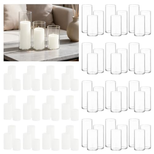 36-Pack White Pillar Candles (2''X3,4,6) & 36-Pack Glass Cylinder Vases(2.6''X5,6,8),Hurricane Candles,Wedding Centerpiece Decor Set-Mixed Heights for Table, Proposal, Event. - color: White, size: 36