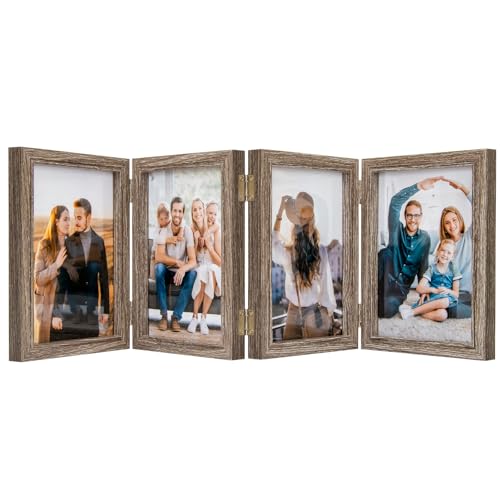 POILKMNI 5x7 In Four Picture Frame 4 Hinged Photo Frame with 4 Openings | Natural Wood Foldable Photo Frame High Definition Acrylic for Mothers Day Father's Day Christmas Gift, Family Picture, Gray - color: Gray, size: 5x7