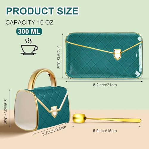 Zubebe 1 Set Coffee Mug Elegant Handbag Shaped Cup Modern Ceramic Purse Mug with Spoon and Saucer, 10oz Cute Creative Tea Cup for Woman Girls Gift (Dark Green) - color: Dark Green