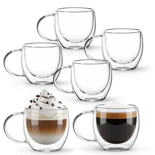 6 Pack 2.7oz Double Walled Glass Coffee Mugs with Handles, Clear Glass Coffee Mugs, Insulated Borosilicate Cups, Insulated Layer Coffees Cups for Cappuccino, Tea, Latte, Milk, Microwave Safe