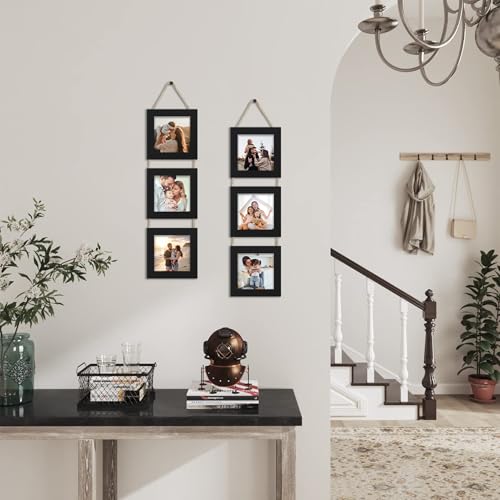 5x5 Collage Picture Frames Set of 2, Rustic Wooden Real Glass Vertical Hanging 3 Opening 5 by 5 Photo Frame, Black - color: Black, size: Vertical-5x5 in