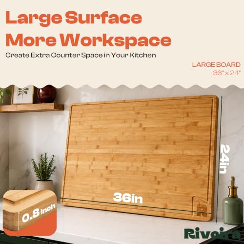 Riveira Extra Large Bamboo Cutting Board for Kitchen, 36" x 24", 0.8 Inch Thick – Large Wood Cutting Board with Juice Groove, Reversible Butcher Block Cutting Board for Meat, Bread & Charcuterie - size: 36"L x 24"W