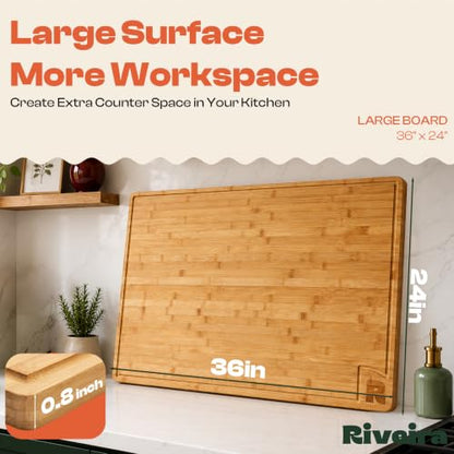 Riveira Extra Large Bamboo Cutting Board for Kitchen, 36" x 24", 0.8 Inch Thick – Large Wood Cutting Board with Juice Groove, Reversible Butcher Block Cutting Board for Meat, Bread & Charcuterie - size: 36"L x 24"W