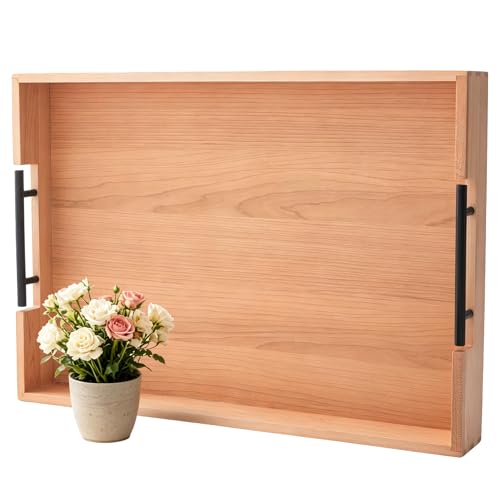 Large Ottoman Tray, 20"x14" Rectangular Trays for Big Ottoman, Maple Wooden Serving Tray with Metal Handles, Wood Serving Tray Counter Kitchen, Living Room Coffee Table Decor Organizer - color: 20"x14" Rectangular Tray - Maple