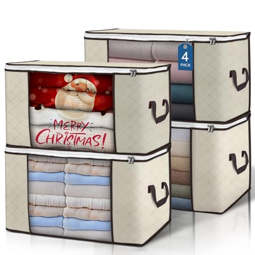 90L Large Storage Bags, 4 Pack Clothes Storage Bins Closet Organizers | Foldable Storage Containers, with Reinforced Handle, for Clothing, Blanket, Comforters, Bed Sheets, Pillows and Toys - color: Beige, size: 4 Pack