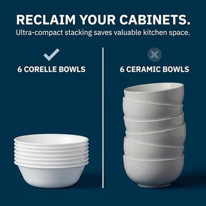 Corelle Vitrelle 6-Piece Soup/Cereal Bowl Set Triple Layer Glass and Chip Resistant, 18-Oz Lightweight Round Bowls, Winter Frost White - size: 18oz Bowls