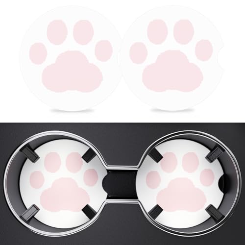 2 Pack Car Cup Holder Coaster, 2.63 inch Anti Slip Insert Absorbent Ceramic Car Coaster with Cork Base and Finger Notch, Cute Car Accessories Interior for Women, Cute Car Coasters., CH0025 - color: Cat Paw