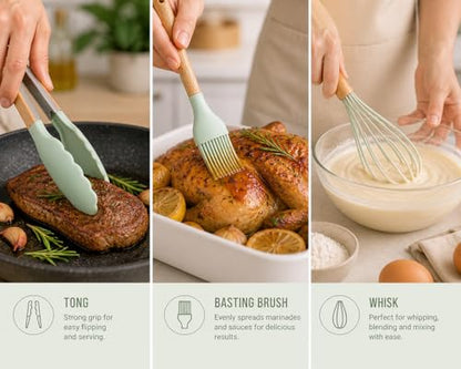 Caboh Silicone Kitchen Utensil Set 12 PCS – Heat Resistant Cooking Tools with Spatula, Serving Spoon, Tongs, Whisk & Holder, Nonstick Safe BPA-Free Kitchen Accessories Set (Light Green) - color: Light Green