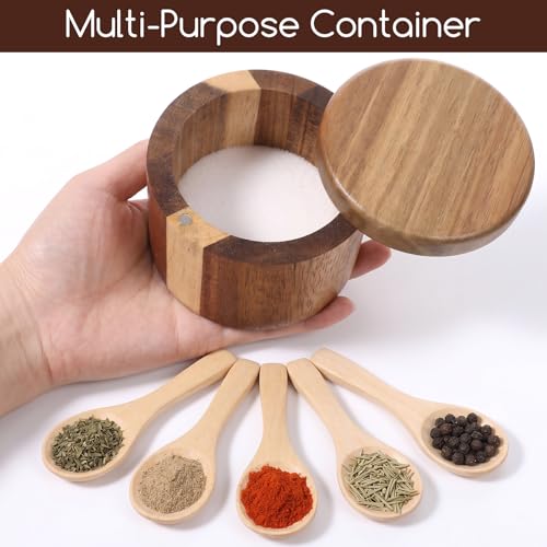 Grevosea Salt Cellar, Acacia Wood Salt Container with Swivel Magnetic Lid | Elegant Kitchen Salt Container Holder for Pepper Spice Bath Salt Sea SaltStorage 360° Rotating Countertop Box 6oz