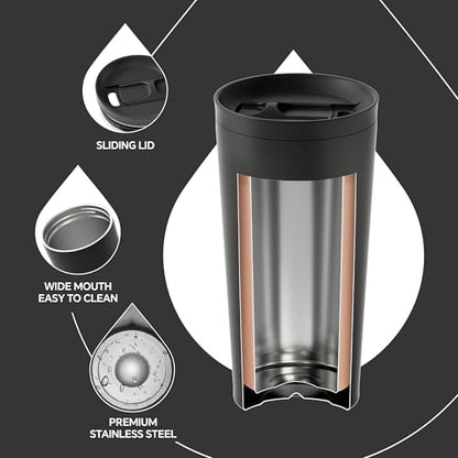 Ideus 17 oz Travel Coffee Mug, Double Wall Vacuum Stainless Steel Insulated Coffee Tumbler With Lid, Splash-Proof & Cup Holder Friendly, Keeps Drinks Hot/Cold, Dishwasher Safe, Black - color: Matte Black