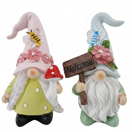 Cute 2 PCS Gnomes Statues Decor, Resin Figurines and Sculpture Décor, for Indoor Outdoor Yard Lawn Garden Home Patio Farmhouse Kitchen Table Decoration(Welcome Sign and Mushroom) - style: Welcome Sign and Mushroom-Holding