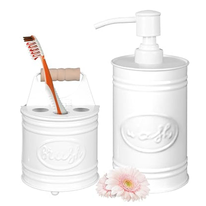 Autumn Alley Kids Bathroom Accessories Set – 2-Piece White Soap Dispenser & Toothbrush Holder, Farmhouse Bathroom Countertop Organizer for Kids, Durable Metal Bathroom Set with Wood Handle - color: White