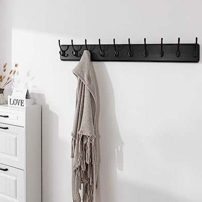 SKOLOO Rustic Wall Mounted Coat Rack, Case of 2, Pine Solid Wood Coat Hook Hanger - 10 Hooks for Hanging Clothes Robes Towels Coats - color: Black Plate & Black Hook, size: 2 Item-10 Hooks