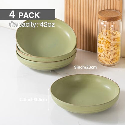 HAPPY KIT Stoneware 9'' Pasta Bowls 42oz Set of 4, Meadow Green | 42 Oz, Stoneware, Reactive Glaze, Scratch Resistant - color: MeadowGreen