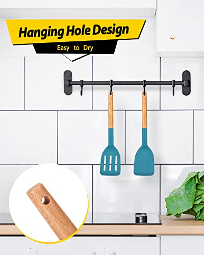 Pack of 2 Silicone Cooking Spatula, Heat Resistant Solid Turner, Non Stick Slotted Spatulas with Wooden Short Handle,Ideal Wood Kitchen Utensils Set for Frying, Baking, Flipping, Turning - color: Blue