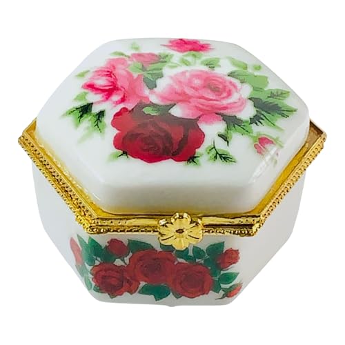 Tiny Hexagon Porcelain Trinket Box | Pink Rose Bouquet | French Style Gift Box with Velvet Bag - style: Pink Rose Bouquet Hexagon
