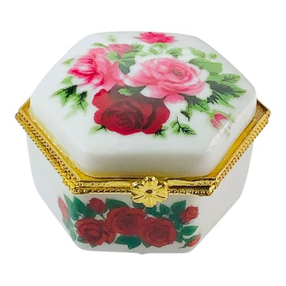 Tiny Hexagon Porcelain Trinket Box | Pink Rose Bouquet | French Style Gift Box with Velvet Bag - style: Pink Rose Bouquet Hexagon