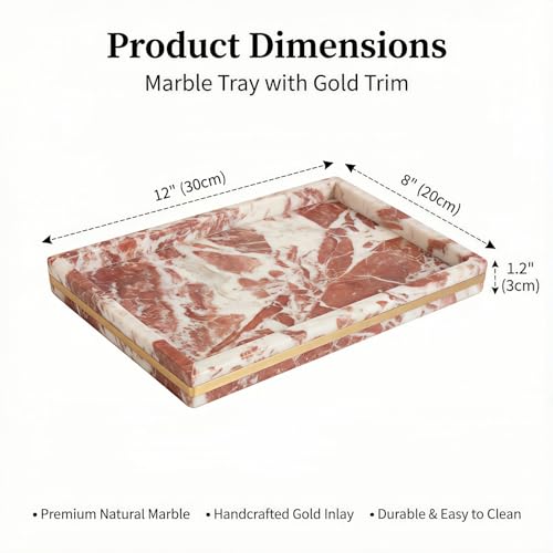 Red Marble Tray 12" x 8", Gold Edge Stone Vanity Organizer | Genuine Red Marble, Gold-Toned Edge, 12 x 8 Inch, for Perfume and Jewelry, on Bathroom Vanity and Dresser - color: Red