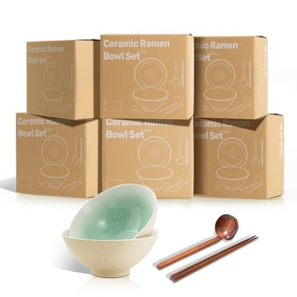 8 Inch Ceramic Ramen Bowl Set of 2, 40oz Japanese Bowls with Spoons & Chopsticks,Durable,Microwave & Dishwasher Safe,Perfect for Ramen,Pho,Salad,Soup,Noodles，Mixing bowls（Cyan Sea） - color: Cyan Sea