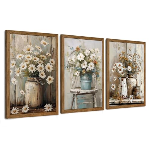DUWQU Triptych Rustic Farmhouse Daisy Framed Canvas Wall Art 16x24 inch x3 | Wooden frame, UV-resistant ink, Giclée printing process, Pre-installed hooks make it easy to hang home or office wall decor - color: flower(Framed), size: 24"L x 16"W