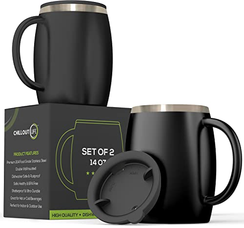 CHILLOUT LIFE Stainless Steel Insulated Coffee Mugs Set of 2 (14 oz) - Double Wall Coffee Cups With Spill Resistant Lid & Strong Handle, Shatterproof Cups for Cold Drinks, Hot Beverages - color: Black